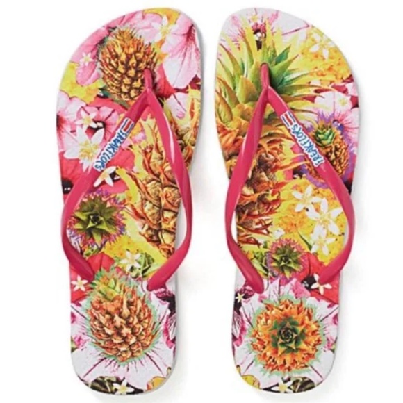Freak Flops colourful flip flops sandals with flowers and pineapples NWT - Picture 1 of 6